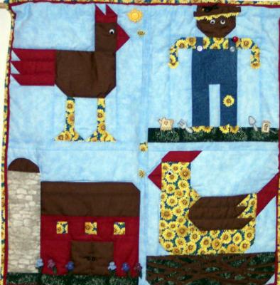 This wall hanging was made for the NH farm museum challenge. It features a scarecrow, chicken, rooster and barn.Constructed using 100% cotton fabrics, embelished with whimsicle buttons.Machine pieced & quilted by Linda Monasky<br /><br />