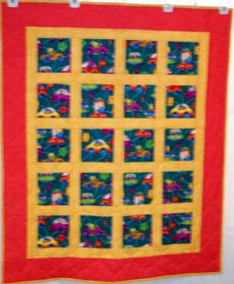 Child�s Quilt. Yellow and Red Cars Quilt top & backing are constructed using quality 100% cotton, batting is low loft polyester. Machine pieced and machine quilted by Linda Monasky 