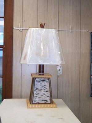 Table Lamps- 2 matching birch bark and twig lamps, with rectangular fern lamp shades. Designed and made by Joe Monasky